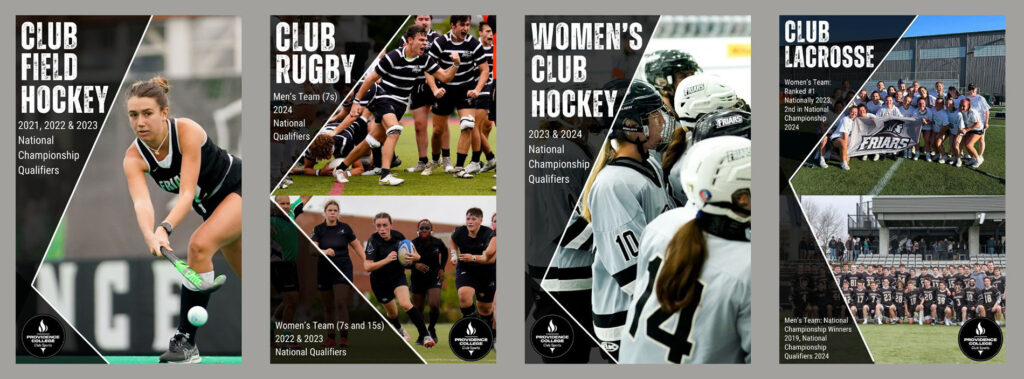 Collage of club sports photos featuring Field Hockey, Rugby, Women's Hockey and Lacrosse